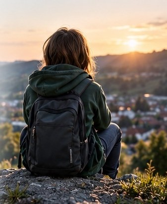 Person mit Rucksack blickt bei Sonnenuntergang über einen Ort im Tal